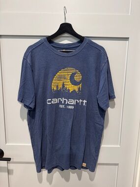Carhartt Blue Short-Sleeve Logo T-Shirt with Yellow Graphic